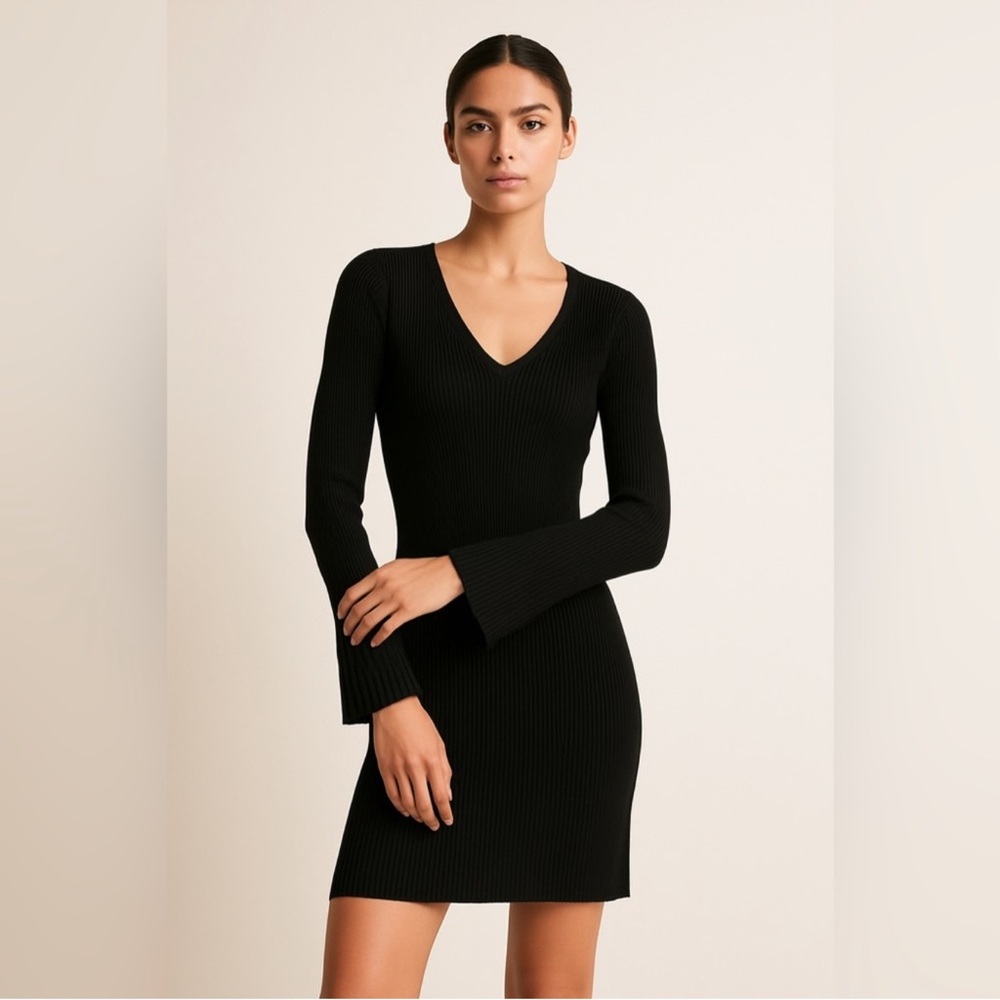 Laundry by Shelli Segal Black Ribbed Knit Sweater Dress XS